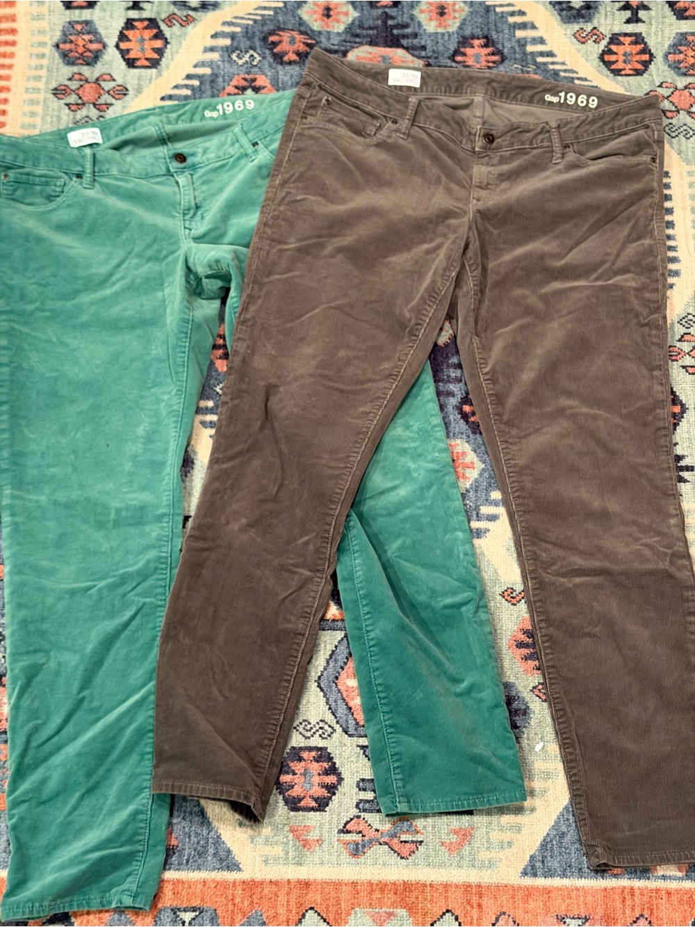TWO PAIR Gap corduroys 16/33 1969 skinny leg green and gray
